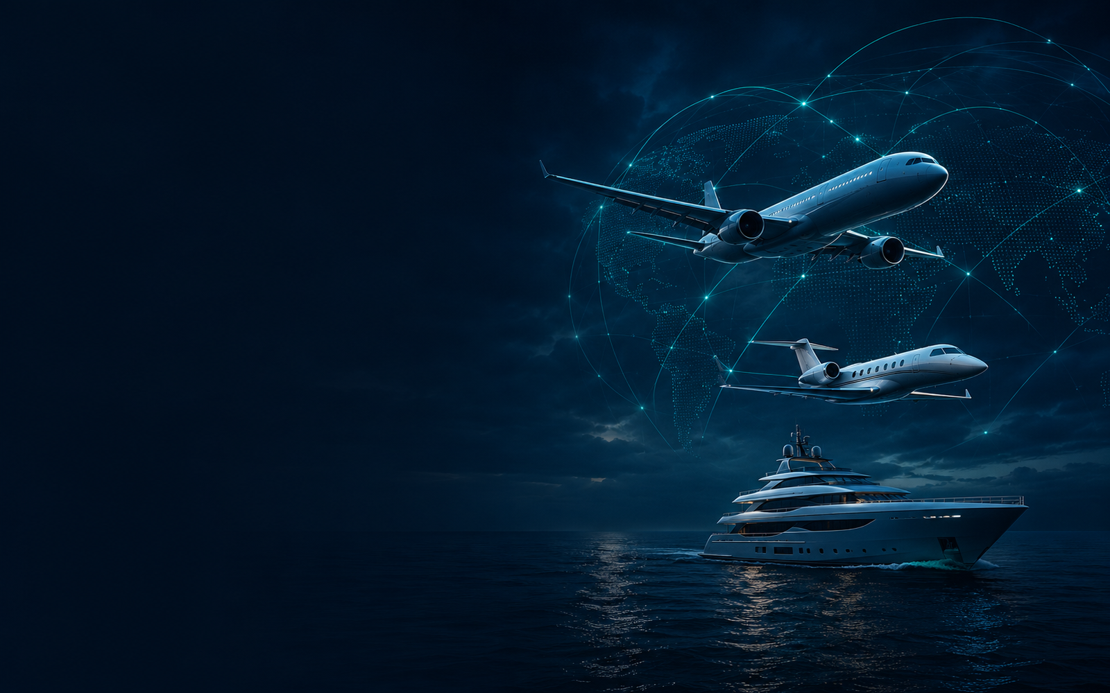 Commercial aircraft, business jet and yacht representing lithium battery safety environments